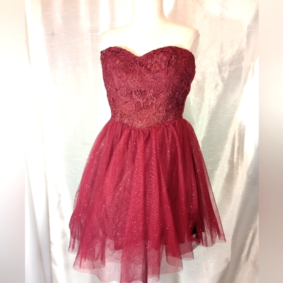 Speechless Dresses & Skirts - Speechless Strapless Formal, Sparkles, Short burgundy Corset LaceUp Back, Lace,5